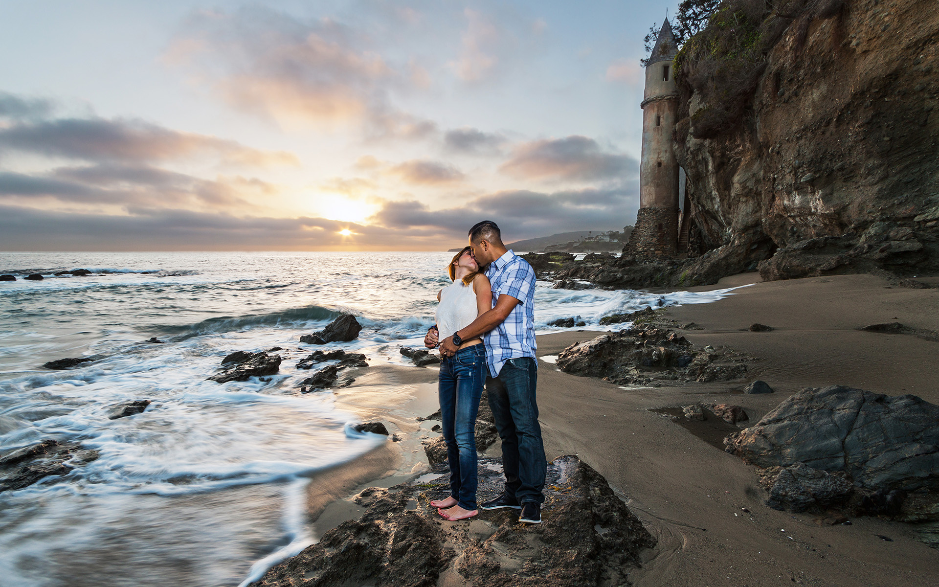 engagement couple at laguna beach victoria lighthouse sunset